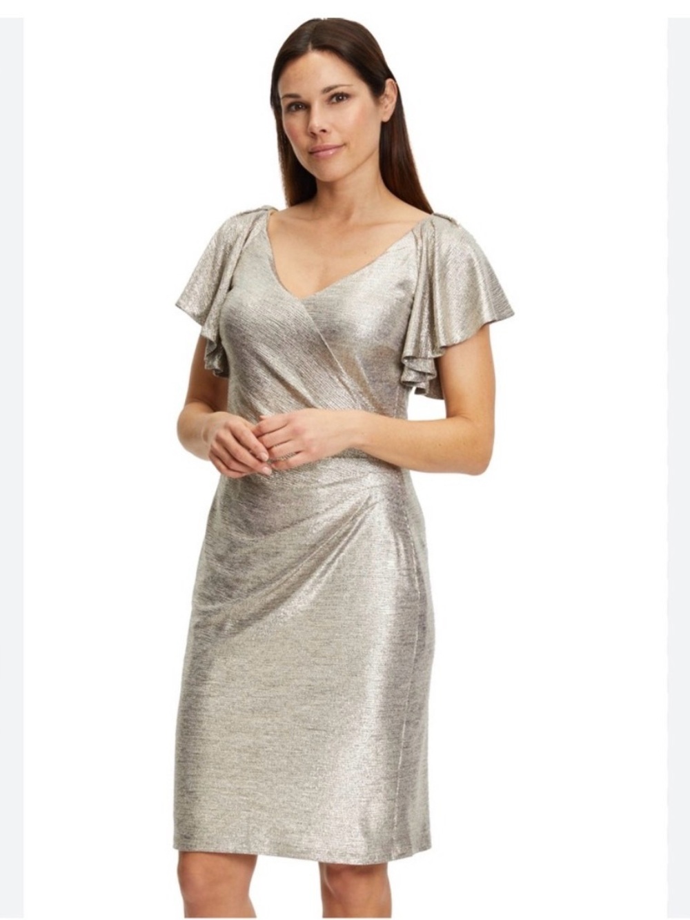 Ralph Lauren New Size 8 Silver Champ Metallic Surplice Flutter Sleeve Dress Mini